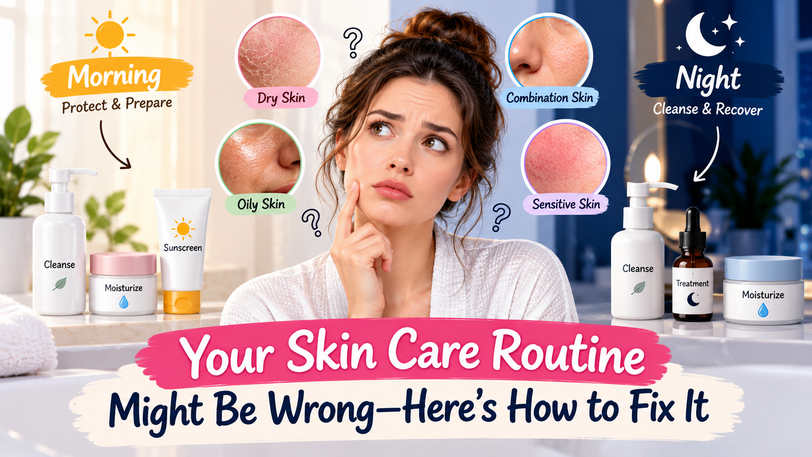 Skincare routine guide for dry, oily, combination, and sensitive skin.